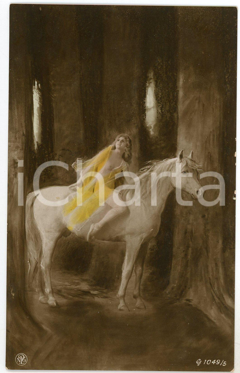 1910 ca VINTAGE EROTIC Nude woman riding a white horse - Postcard NPG 1049/5  Fotografia seriale d'epoca, in formato cartolina.Editore NPG - Serie 1049/2CONDIZIONI: FAIRFORMATO: FP    originale e autentica 1