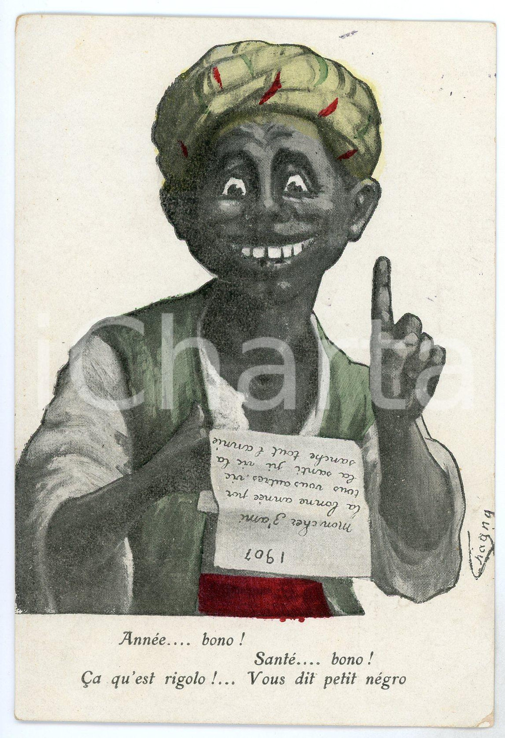 1906 BONNE ANNÉE Artiste CHAGNY Vous dit petit négro - Carte postale FP VG  Cartolina postale d'epoca, viaggiata. POOR/danneggiato piegature agli angoli di destra e macchie di inchiostro Formato: FP originale e autentica 1