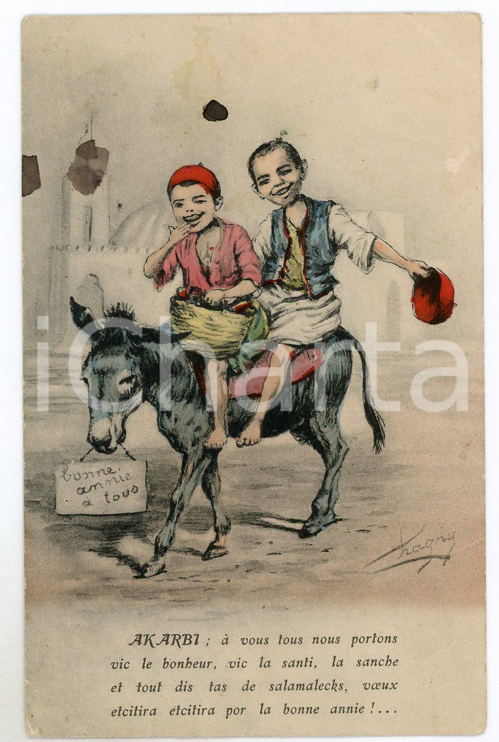 1920 ca BONNE ANNIE Artist CHAGNY Ak Arbi - Two arab kids on a donkey - Postcard  Cartolina postale d'epoca, non viaggiata ma con testo manoscritto al verso. POOR/danneggiato piegature agli angoli di destra e macchie di inchiostro Formato: FP originale e autentica 1