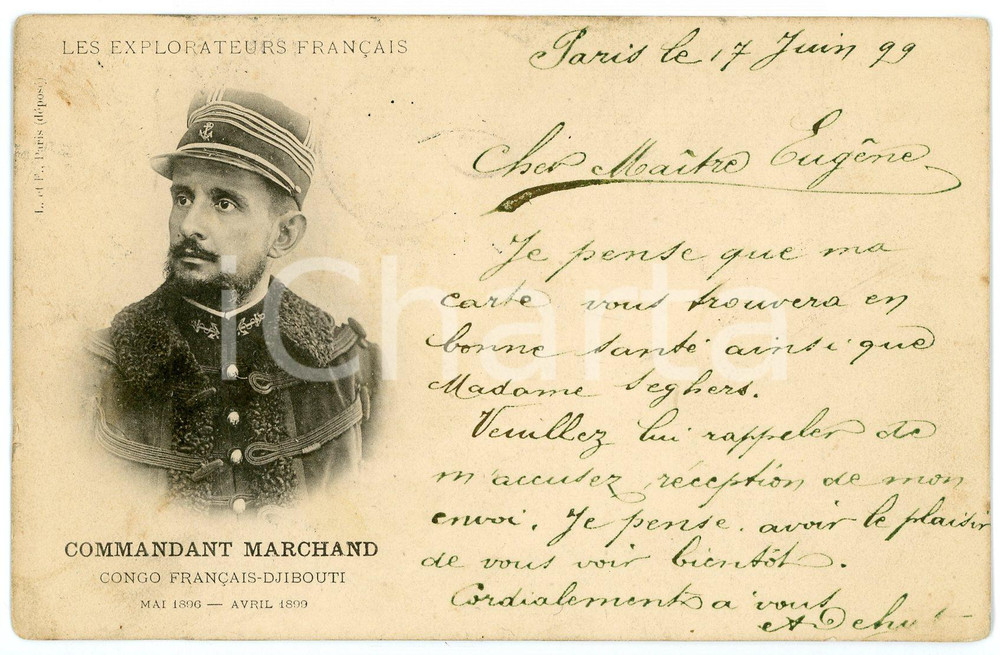 1899 CONGO DJIBOUTI Jean-Baptiste MARCHAND Explorateurs français - Carte postale  Cartolina postale d'epoca, viaggiata. FAIR/discreto Lievi smussature agli angoli Formato: FP originale e autentica 1