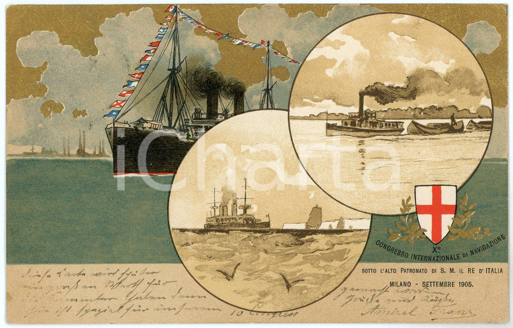 1905 MILANO - X Congresso Internazionale di Navigazione - Cartolina ILLUSTRATA  Cartolina postale d'epoca, non viaggiata.  FAIR/discreto Lievi smussature agli angoli Formato: FP originale e autentica 1