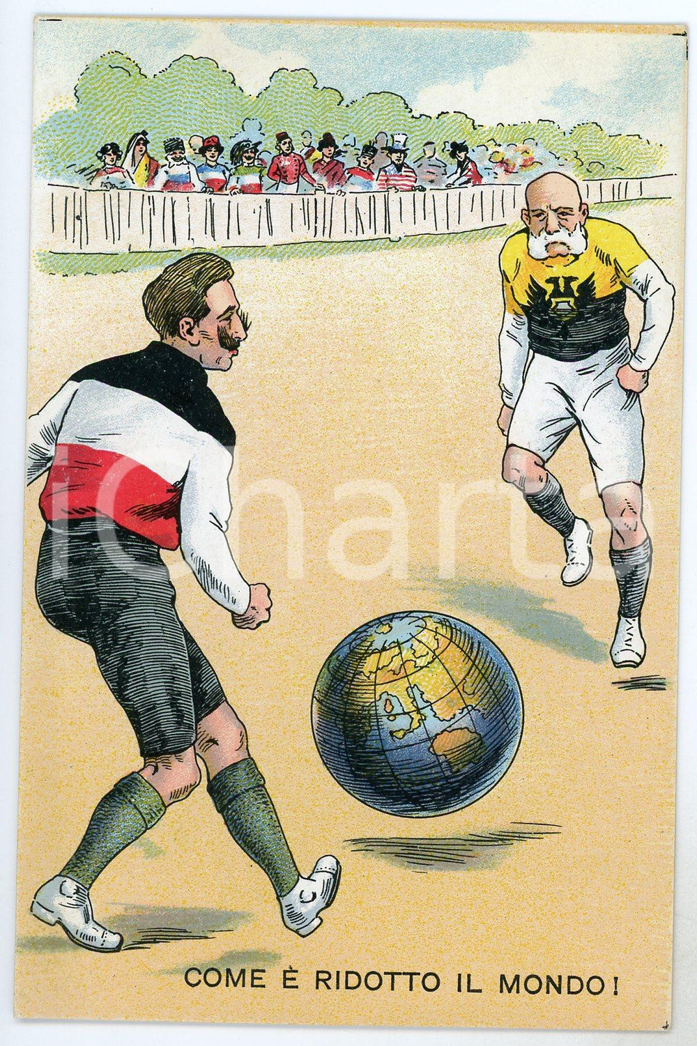 1915 ca WW1 SATIRA Francesco Giuseppe e Guglielmo II giocano a calcio Cartolina  Cartolina postale d'epoca, non viaggiata. GOOD/buono  Formato: FP originale e autentica 1