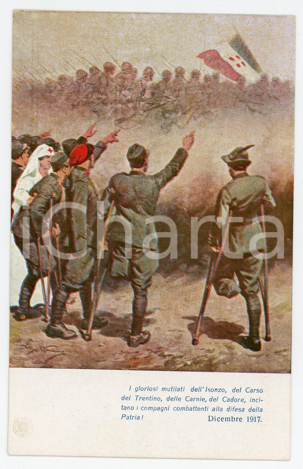1917 Artista Achille BELTRAME Mutilati di Isonzo, Carnie, Cadore - Cartolina FP  Cartolina postale d'epoca, non viaggiata.EDITORE: Unione generale insegnanti italiani - Comitato Lombardo presso l'Universit&agrave; Commerciale Luigi Bocconi FAIR/discreto Lievi smussature agli angoli Formato: FP originale e autentica 1