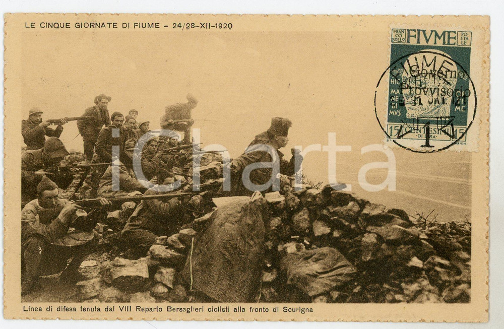 1921 CINQUE GIORNATE DI FIUME - SCURIGNA VII Bersaglieri Ciclisti - Cartolina FP  Cartolina postale d'epoca, viaggiata.Con affrancatura "24-IV-1921 Costituente Fiumana". FAIR/discreto Lievi smussature agli angoli Formato: FP originale e autentica 1