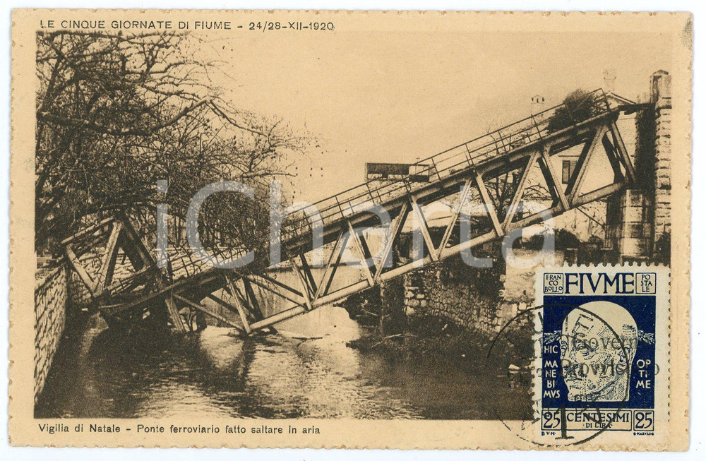 1921 CINQUE GIORNATE DI FIUME Ponte ferroviario saltato in aria - Cartolina FP  Cartolina postale d'epoca, viaggiata.Con affrancatura "24-IV-1921 Costituente Fiumana". FAIR/discreto Lievi smussature agli angoli Formato: FP originale e autentica 1