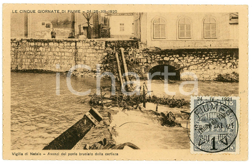 1921 CINQUE GIORNATE DI FIUME Ponte bruciato della cartiera - Cartolina FP VG  Cartolina postale d'epoca, viaggiata.Con affrancatura "24-IV-1921 Costituente Fiumana". FAIR/discreto Lievi smussature agli angoli Formato: FP originale e autentica 1