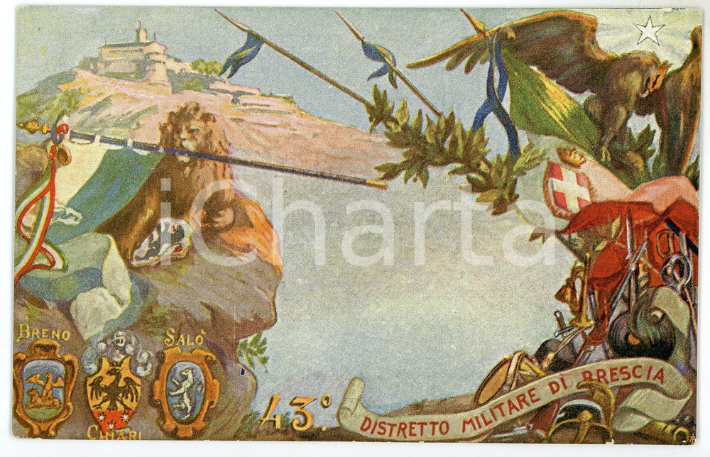 1904 REGIO ESERCITO - 43° Distretto Militare di BRESCIA Cartolina ILLUSTRATA  Cartolina postale d'epoca, non viaggiata. FAIR/discreto Lievi smussature agli angoli Formato: FP originale e autentica 1