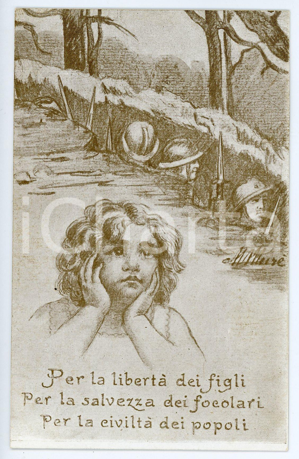 1915 ca WW1 - GRANDE GUERRA Per la salvezza dei focolari - Cartolina ILLUSTRATA  Cartolina postale d'epoca, non viaggiata. FAIR/discreto Lievi smussature agli angoli Formato: FP originale e autentica 1