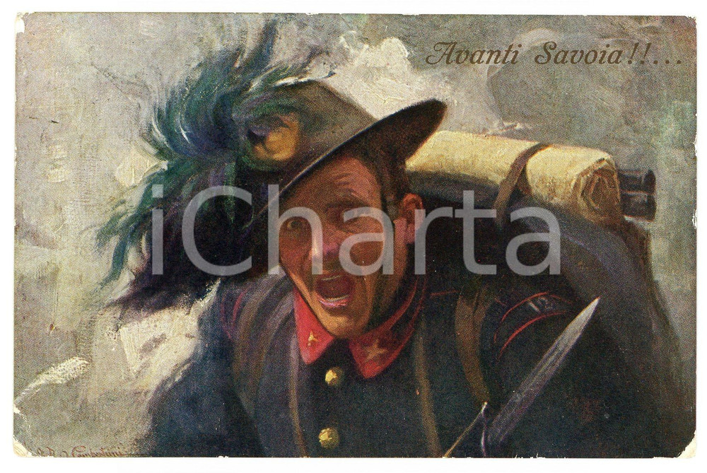 1915 WW1 AVANTI SAVOIA di A. D. CAMPESTRINI Credo del soldato italiano Cartolina  Cartolina postale d'epoca, viaggiata. POOR/danneggiato Lievi smussature agli angoli, sbrecciature e gualciture ai margini Formato: FP originale e autentica 1