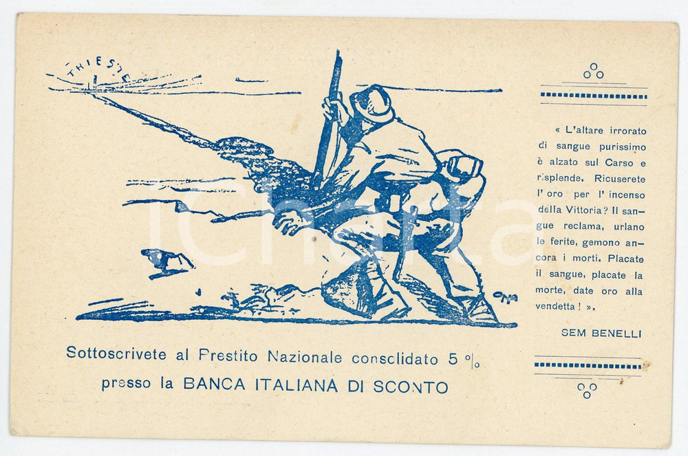 1915 ca WW1 - BANCA ITALIANA DI SCONTO Prestito Nazionale - Cartolina FP NV  Cartolina postale d'epoca, non viaggiata.Con uno scritto di Sem Benelli. FAIR/discreto Lievi smussature agli angoli, gualciture diffuse Formato: FP originale e autentica 1