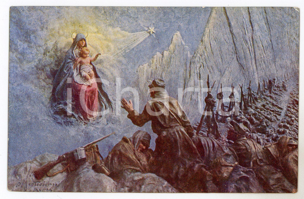 1915 ca WW1 - GRANDE GUERRA Vergine santa progetti i nostri soldati - Cartolina  Cartolina postale d'epoca, non viaggiata. POOR/danneggiato Lievi smussature agli angoli, al recto abrasioni agli angoli Formato: FP originale e autentica 1