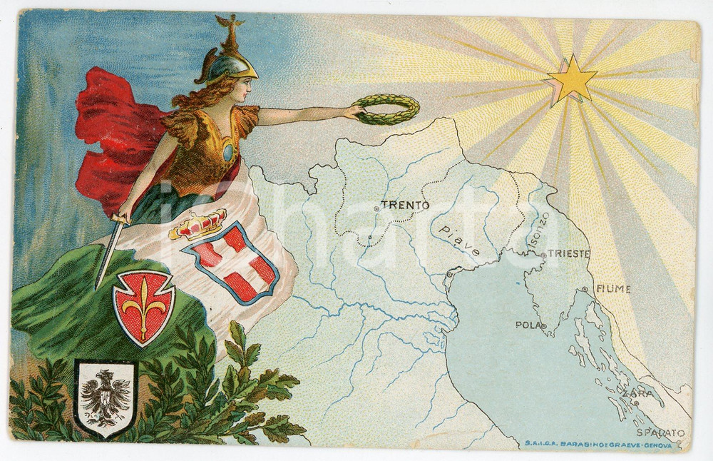 1915 ca IRREDENTISMO Trento e Trieste - Cassa di risparmio di GENOVA Cartolina  Cartolina postale d'epoca, NON viaggiata. FAIR/discreto Lievi smussature e piegature agli angoli Formato: FP originale e autentica 1