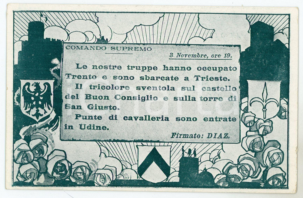 1918 WW1 - ANNO DI VITTORIA Le truppe hanno occupato TRENTO e TRIESTE Cartolina  Cartolina postale d'epoca, non viaggiata. FAIR/discreto Lievi smussature agli angoli Formato: FP originale e autentica 1