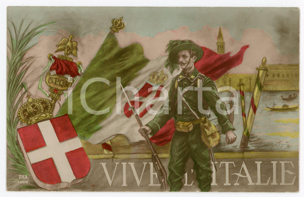 1920 ca VENEZIA Bersagliere con bandiera Regno d'Italia VIVE L'ITALIE Cartolina  Cartolina postale d'epoca, non viaggiata. FAIR/discreto Lievi smussature agli angoli Formato: FP originale e autentica 1