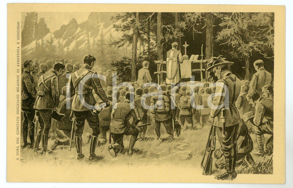 Cartolina originale da collezione 1915 ca MILANO Comitato diocesano di assistenza  Soldati a messa  Cartolina FP 1