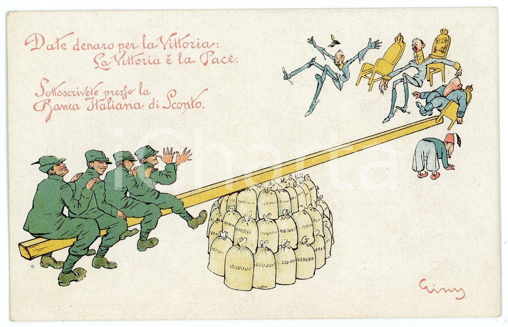 1915 ca WW1 Artista Giuseppe RUSSO - GIRUS Banca italiana di sconto - Cartolina  Cartolina postale d'epoca, non viaggiata. FAIR/discreto Smussature agli angoli Formato: FP originale e autentica 1