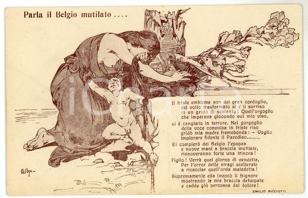 1915 ca WW1 Parla il Belgio mutilato di Emilio RICCIOTTI - Cartolina ILLUSTRATA  Cartolina postale d'epoca, non viaggiata. FAIR/discreto Smussature agli angoli, piegatura all'angolo inferiore sinistro Formato: FP originale e autentica 1