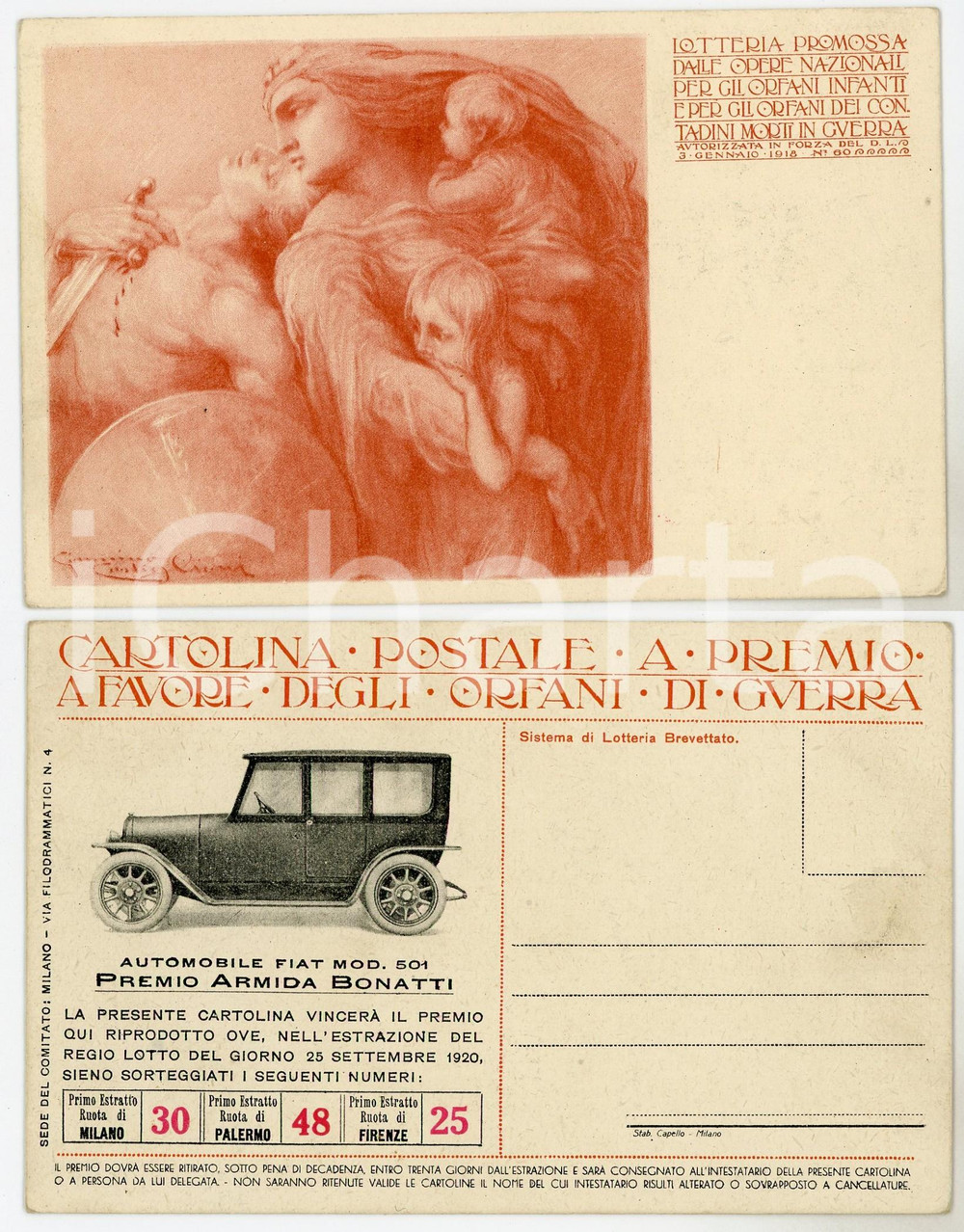 1918 PREMIO ARMIDA BONATTI per gli orfani di guerra - FIAT 501 Cartolina FP NV  Cartolina d'epoca, non viaggiata.EDITORE: Opere nazionali per gli orfani infanti e per gli orfani dei contadini morti in guerra FAIR/discreto Lievi smussature agli angoli Formato: FP originale e autentica 1