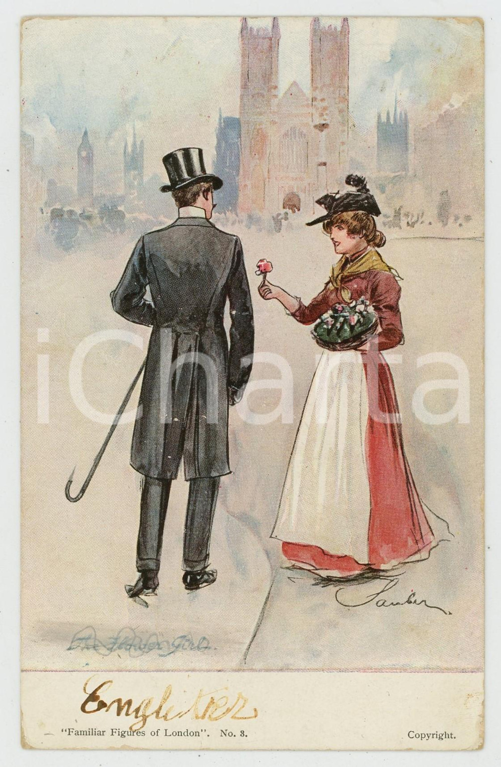 1908 "Familiar Figures of London" The Flower Girl - ill. Robert SAUBER *Postcard  Cartolina postale d'epoca, viaggiata.CONDIZIONI: POOR (piegatura all'angolo superiore destro; minime abrasioni agli angoli; tracce a matita e abrasione al lato inferiore, in corrispondenza della didascalia)FORMATO: FP    originale e autentica 1