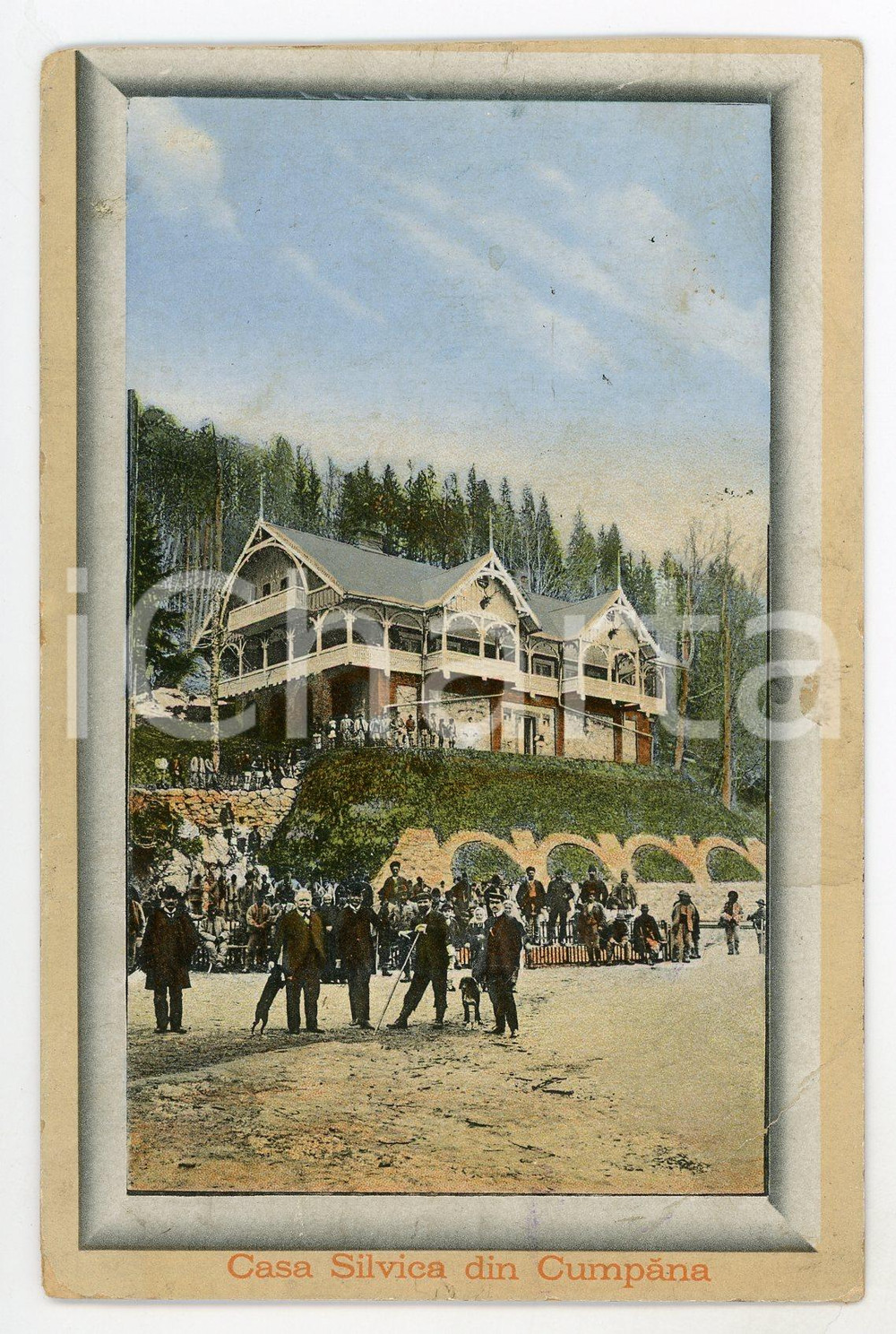 1910 ca CUMPĂNA (ROMANIA) Casa Silvica - Cromo ANIMATED old postcard Cartolina postale d'epoca, viaggiata.CONDIZIONI: POOR (ampia piegatura all'angolo inferiore destro; abrasioni angolari; macchia al lato destro)FORMATO: FP    originale e autentica 1