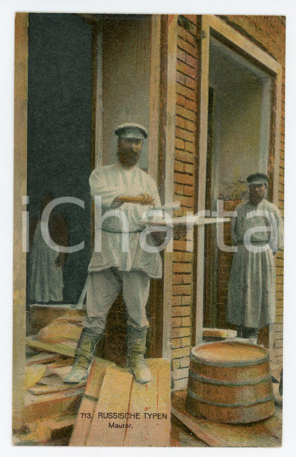 1917 COSTUMES RUSSIA Russische typen - Maurer - Chromo ANIMATED postcard Cartolina postale d'epoca, viaggiata (ma francobollo asportato).CONDIZIONI: F (lieve piegatura e piccola sbrecciatura lungo il lato superiore)FORMATO: FP    originale e autentica 1