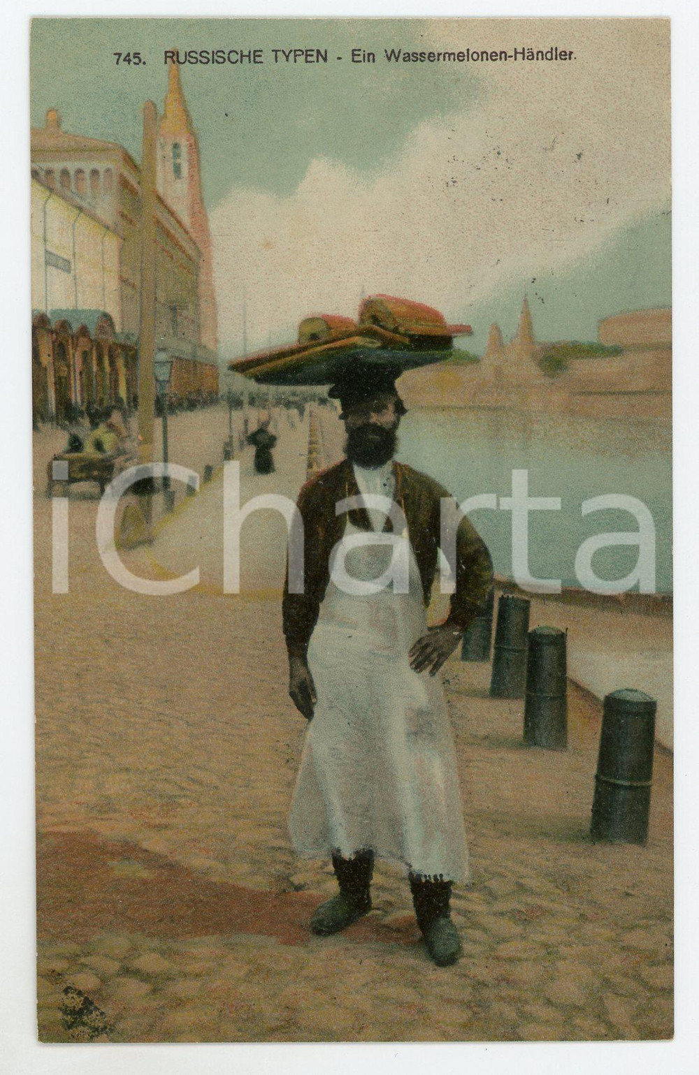 1917 COSTUMES Russische typen - Ein Wassermelonen-Händler - Chromo postcard Cartolina postale d'epoca, viaggiata (ma francobollo asportato).CONDIZIONI: GFORMATO: FP    originale e autentica 1