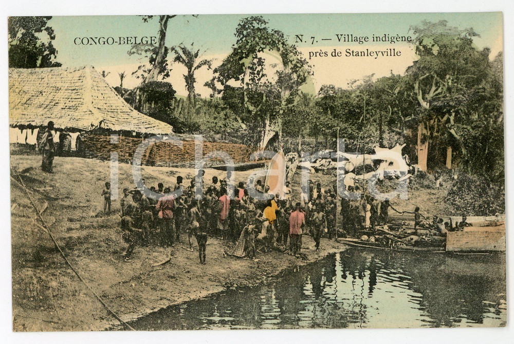 Cartolina originale da collezione 1910 ca CONGO BELGE Village indigÃ¨ne prÃ¨s de STANLEYVILLE  Vintage Postcard FP 1