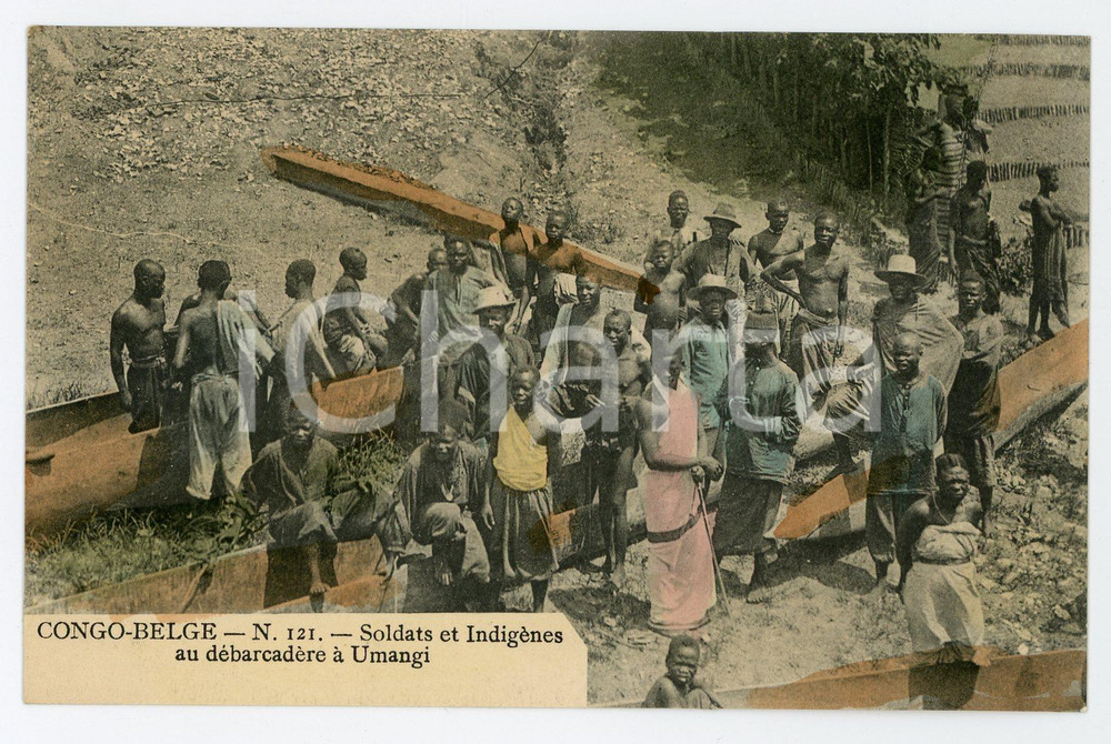 1910ca CONGO BELGE - UMANGI Soldats et indigènes au débarcadère - Postcard FP NV  Cartolina postale d'epoca, non viaggiata.CONDIZIONI: FAIRFORMATO: FP    originale e autentica 1