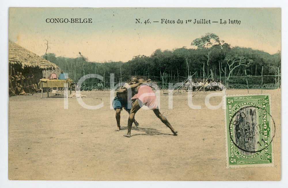 1911 CONGO BELGE Fètes du 1er juillet - La lutte - Vintage Postcard FP VG  Cartolina postale d'epoca, viaggiata.CONDIZIONI: FAIRFORMATO: FP    originale e autentica 1