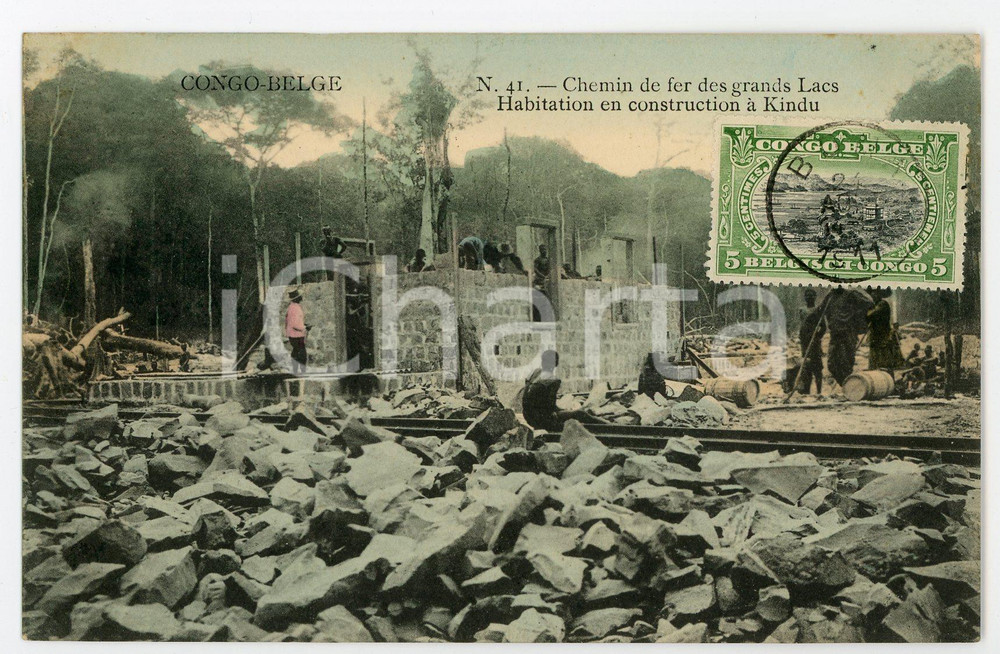 1911 CONGO BELGE KINDU Habitation en construction Chemin de fer des grands Lacs  Cartolina postale d'epoca, viaggiata.CONDIZIONI: FAIRFORMATO: FP    originale e autentica 1