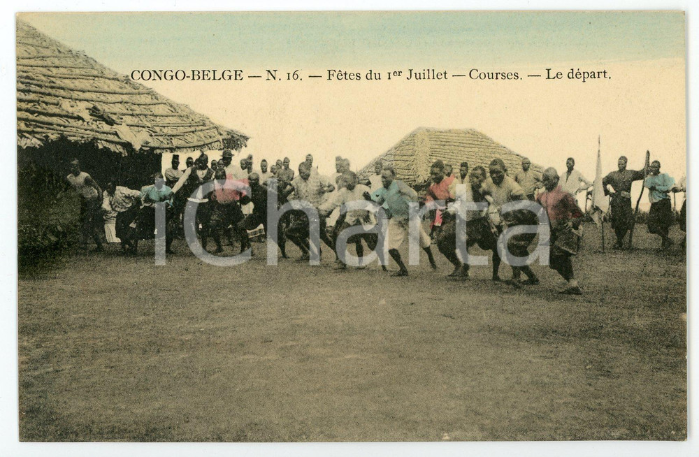 1910ca CONGO BELGE Fêtes du 1er Juillet - Courses - Le départ - Vintage Postcard  Cartolina postale d'epoca, non viaggiata.CONDIZIONI: FAIRFORMATO: FP    originale e autentica 1