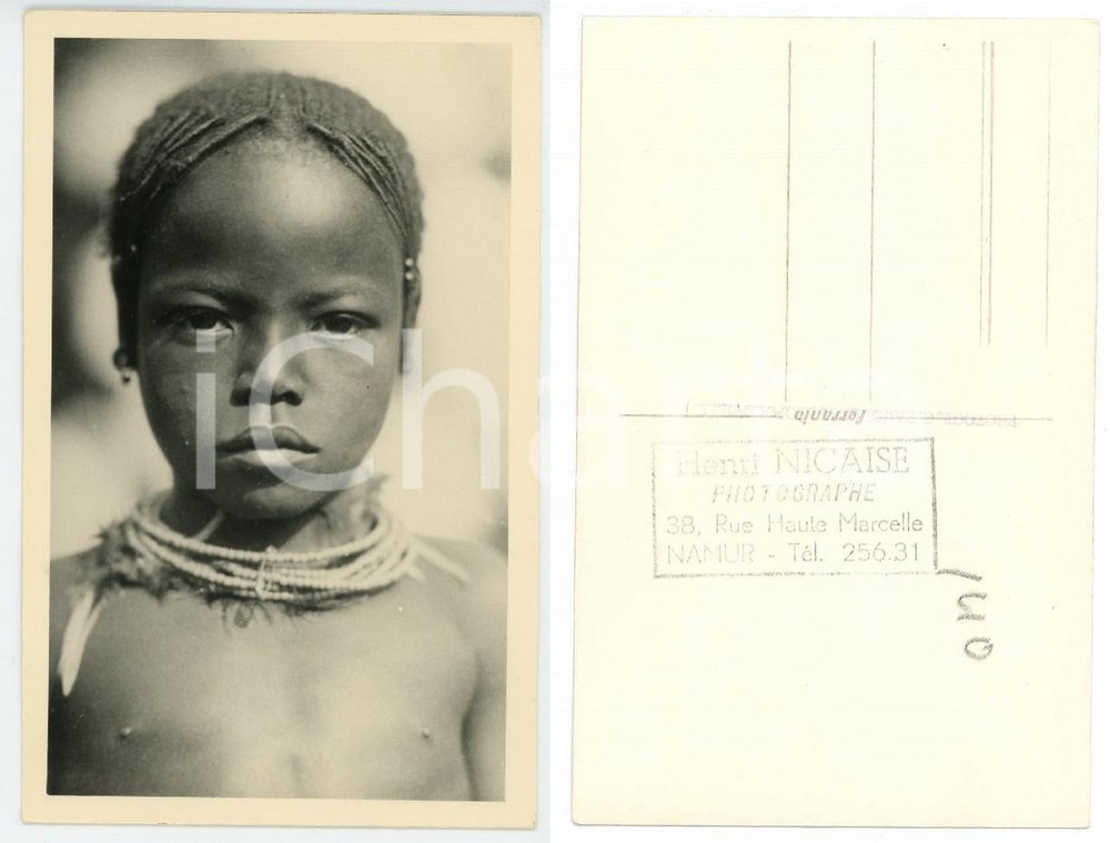 1930 ca C. ZAGOURSKI «L'Afrique qui disparaît» CONGO BELGE Enfant MBOUAKA *n. 49  Fotocartolina postale d'epoca, appartenente alla 2^serie &laquo;L'Afrique qui dispara&icirc;t&raquo; del fotografo Casimir Zagourski (L&eacute;opoldville).N&deg; 49, non viaggiata.Timbro ulteriore al verso del fotografo Henri Nicaise - Namur. GOOD/buono  Formato: 9x14 cm originale e autentica 1