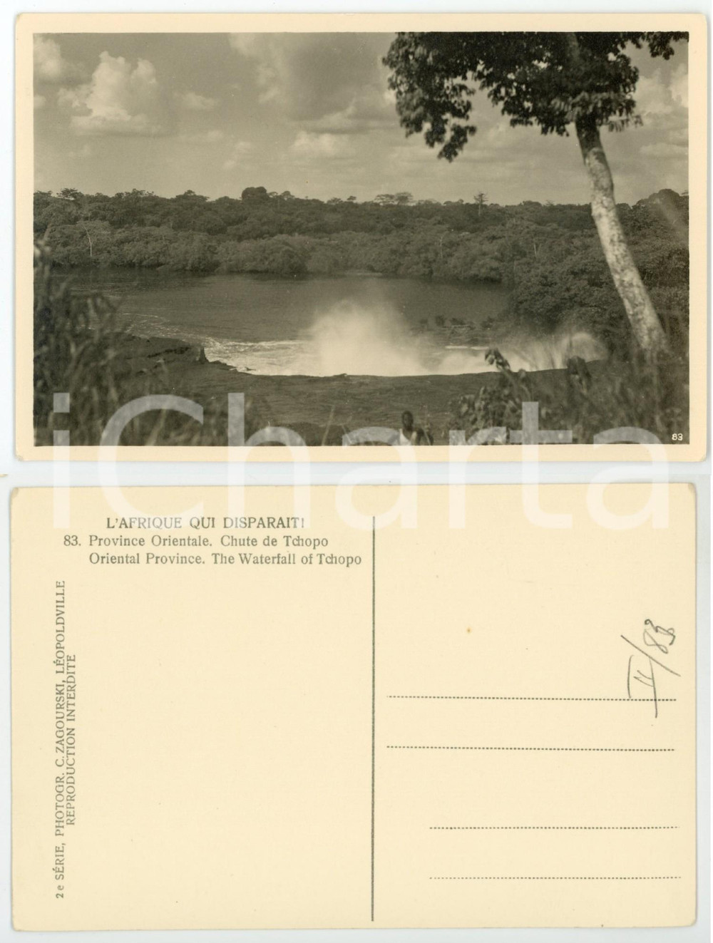 1930 ca C. ZAGOURSKI «L'Afrique qui disparaît» Chute de TCHOPO Postcard 83  Fotocartolina postale d'epoca, appartenente alla 2^serie &laquo;L'Afrique qui dispara&icirc;t&raquo; del fotografo Casimir Zagourski (L&eacute;opoldville).N&deg; 83, non viaggiata.CONDIZIONI: G FORMATO: 14x9 cm    originale e autentica 1