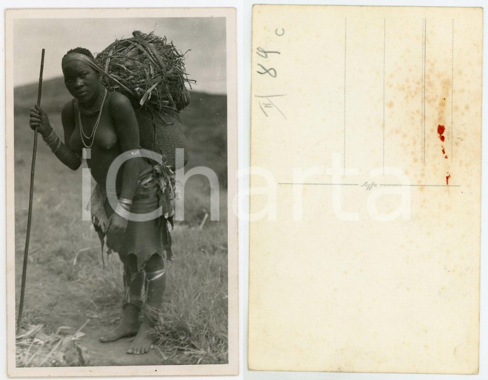 1930 ca C. ZAGOURSKI «L'Afrique qui disparaît» KIVU - Type BUKAWU n.89  Fotocartolina postale d'epoca, appartenente alla serie &laquo;L'Afrique qui dispara&icirc;t&raquo; del fotografo Casimir Zagourski (L&eacute;opoldville).N&deg; 89, non viaggiata.CONDIZIONI: POOR (macchie al verso)FORMATO: 9x14 cm     originale e autentica 1