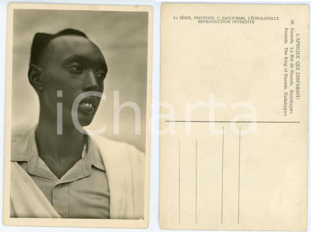 1930 ca C. ZAGOURSKI «L'Afrique qui disparaît» RUANDA Roi RUDAHYGWA n.98  Fotocartolina postale d'epoca, appartenente alla 2^ serie &laquo;L'Afrique qui dispara&icirc;t&raquo; del fotografo Casimir Zagourski (L&eacute;opoldville).N&deg; 98, non viaggiata.CONDIZIONI: GFORMATO: 9x14 cm    originale e autentica 1
