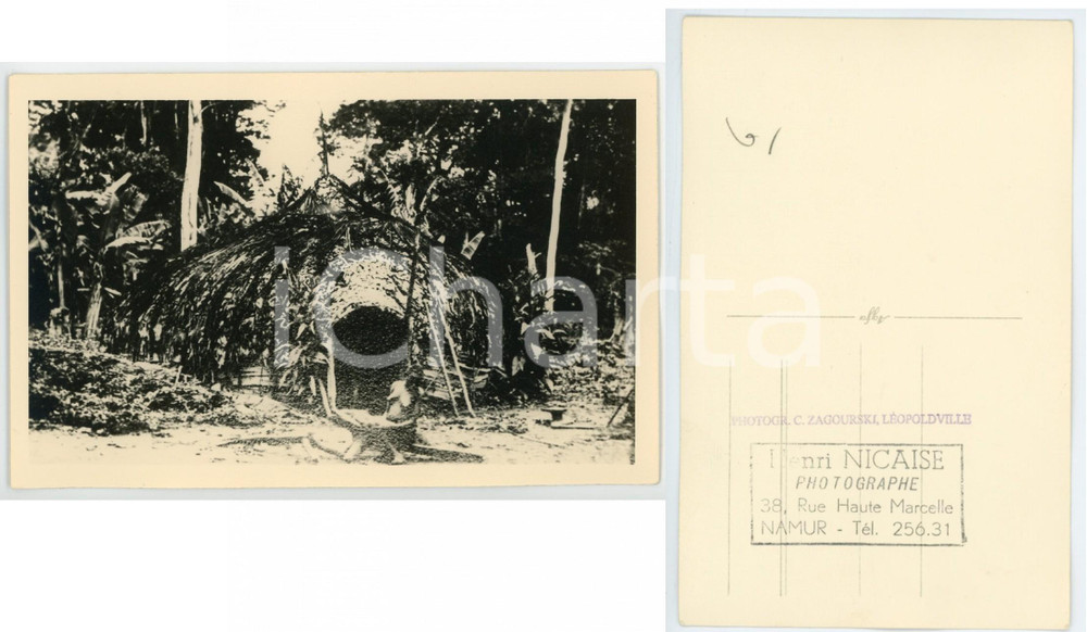 1930 ca C. ZAGOURSKI «L'Afrique qui disparaît» Pr. Or. Ituri case *Postcard 83  Fotocartolina postale d'epoca, appartenente alla serie &laquo;L'Afrique qui dispara&icirc;t&raquo; del fotografo Casimir Zagourski (L&eacute;opoldville).Non viaggiata.Al verso timbro: "Henri Nicaise Photographe - Namur"CONDIZIONI: POOR (bassa risoluzione di stampa)FORMATO: 14x9 cm    originale e autentica 1