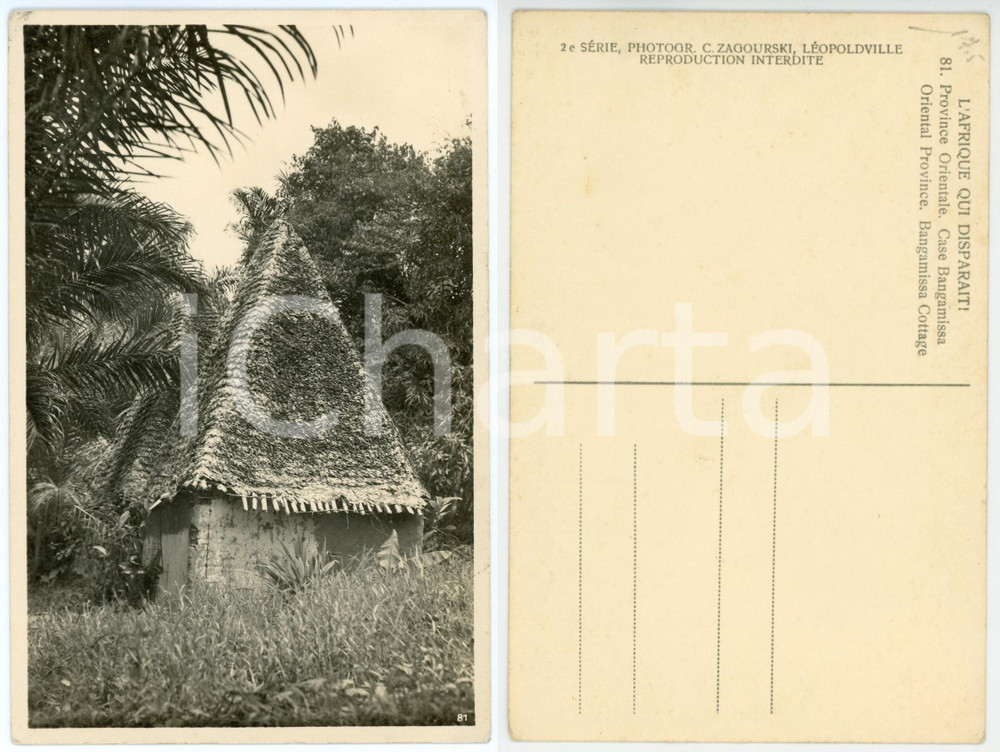 1930 ca C. ZAGOURSKI «L'Afrique qui disparaît»  Case BANGAMISSA Postcard n.81  Fotocartolina postale d'epoca, appartenente alla 2^ serie &laquo;L'Afrique qui dispara&icirc;t&raquo; del fotografo Casimir Zagourski (L&eacute;opoldville).N&deg; 81, non viaggiata.CONDIZIONI: GFORMATO: 9x14 cm    originale e autentica 1