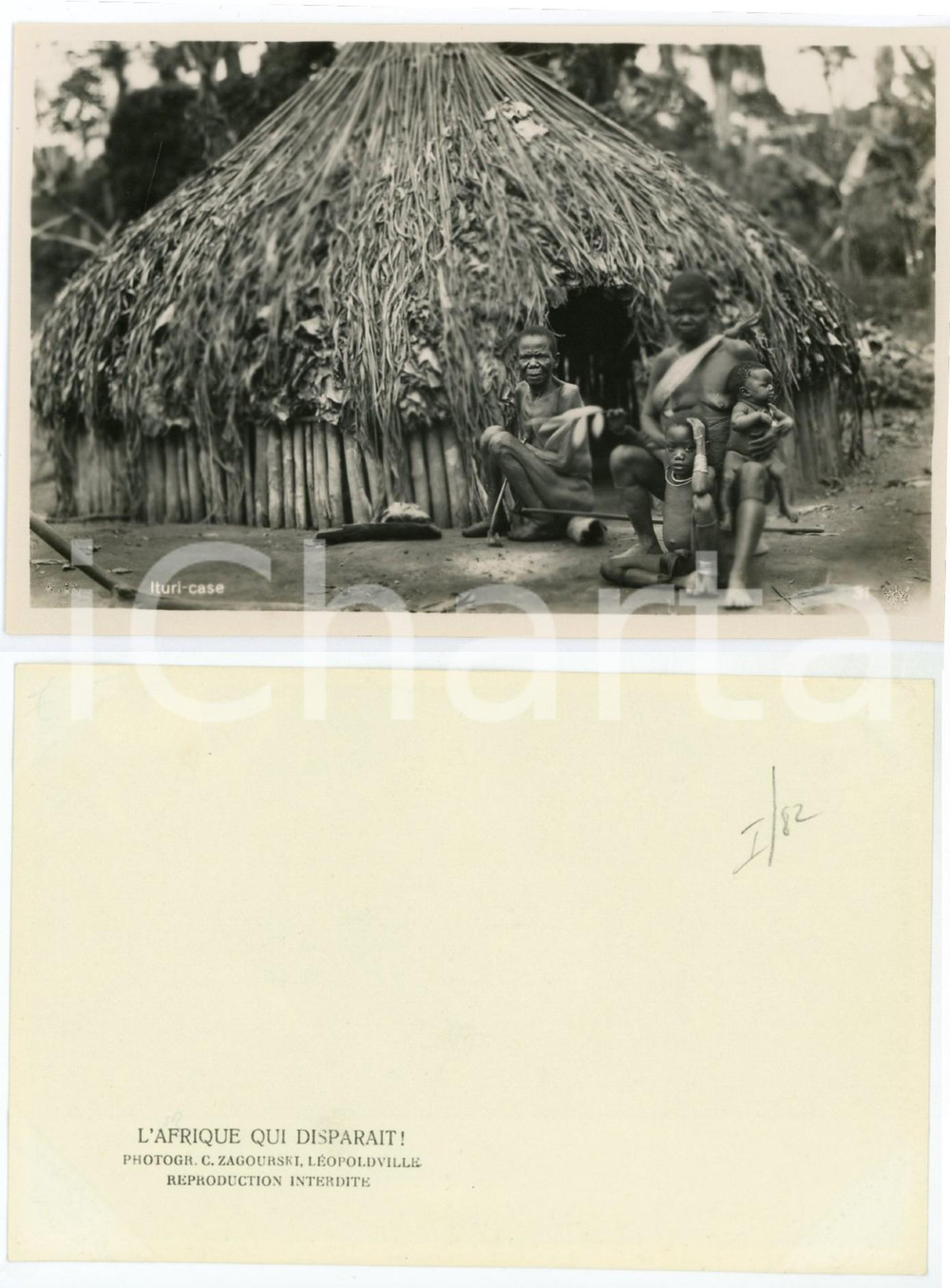 1930 ca C. ZAGOURSKI «L'Afrique qui disparaît» Pr. Or. Ituri case *RPPC  Fotocartolina postale d'epoca, appartenente alla serie &laquo;L'Afrique qui dispara&icirc;t&raquo; del fotografo Casimir Zagourski (L&eacute;opoldville).CONDIZIONI: GFORMATO: 14x9 cm    originale e autentica 1