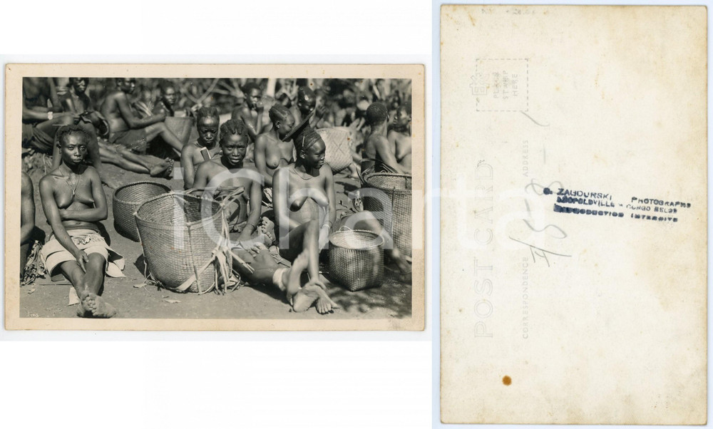 1930 ca C. ZAGOURSKI - CONGO BELGE Les femmes au marché NU ETHNIQUE Postcard FP  Fotocartolina postale d'epoca del fotografo Casimir Zagourski (L&eacute;opoldville), non viaggiata.CONDIZIONI: FAIR (lieve piegatura all'angolo inferiore destro)FORMATO: 14x9 cm    originale e autentica 1