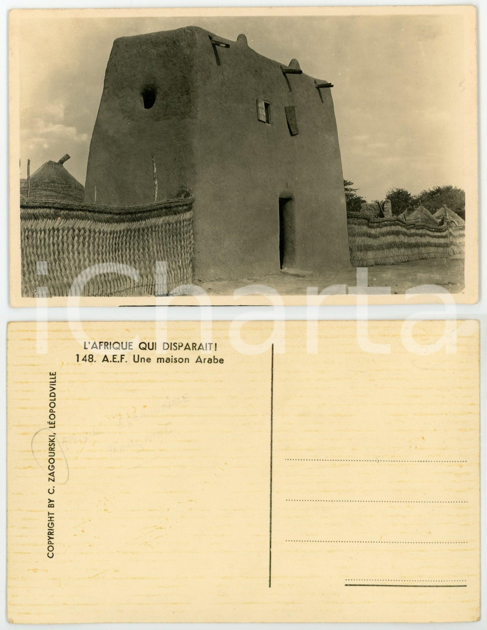 1930 C. ZAGOURSKI «L'Afrique qui disparaît»  A.E.F. Maison arabe ^Postcard 148  Fotocartolina postale d'epoca, appartenente alla serie &laquo;L'Afrique qui dispara&icirc;t&raquo; del fotografo Casimir Zagourski (L&eacute;opoldville).N&deg; 148, non viaggiata.CONDIZIONI: G FORMATO: 14x9 cm     originale e autentica 1