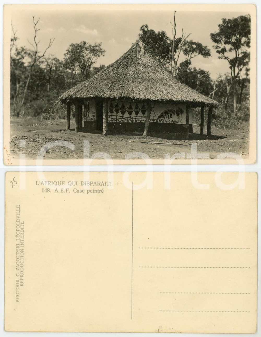 Cartolina originale da collezione 1930 ca C. ZAGOURSKI Â«L Afrique qui disparaÃ®tÂ»  A.E.F. Case peintrÃ© Postcard 1