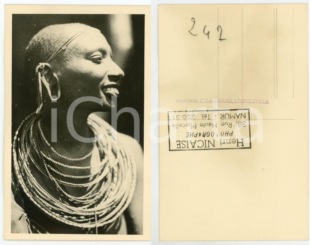 1930 ca C. ZAGOURSKI Â«L'Afrique qui disparaÃ®tÂ» KENIA Femme MASSAI ^Postcard 152  Fotocartolina postale d'epoca, appartenente alla 2^serie &laquo;L'Afrique qui dispara&icirc;t&raquo; del fotografo Casimir Zagourski (L&eacute;opoldville).N&deg;152, non viaggiata.Timbro ulteriore al verso del fotografo Henri Nicaise - Namur.CONDIZIONI: GFORMATO: 9x14 cm    originale e autentica 1