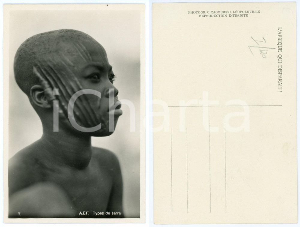 1930 C. ZAGOURSKI «L'Afrique qui disparaît» Types SARRA Scarification visage (1)  Fotocartolina postale d'epoca, appartenente alla serie &laquo;L'Afrique qui dispara&icirc;t&raquo; del fotografo Casimir Zagourski (L&eacute;opoldville).N&deg; 119, non viaggiata.CONDIZIONI: GFORMATO: 9x14 cm    originale e autentica 1