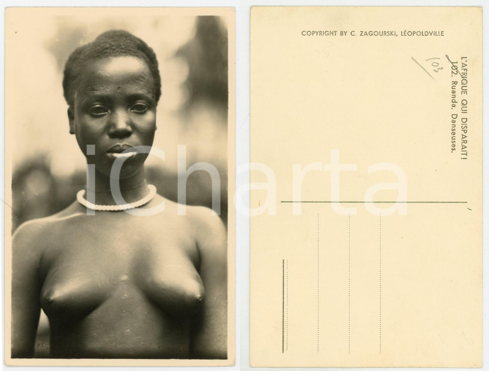 1930 ca C. ZAGOURSKI «L'Afrique qui disparaît» RUANDA Danseuses - Postcard 102  Fotocartolina postale d'epoca, appartenente alla serie &laquo;L'Afrique qui dispara&icirc;t&raquo; del fotografo Casimir Zagourski (L&eacute;opoldville).Non viaggiata.CONDIZIONI: GFORMATO: 9x14 cm    originale e autentica 1