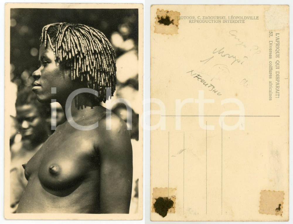 Cartolina originale da collezione 1930ca C. ZAGOURSKI Â«L Afrique qui disparaÃ®tÂ»  Coiffures africaines Postcard 156 1