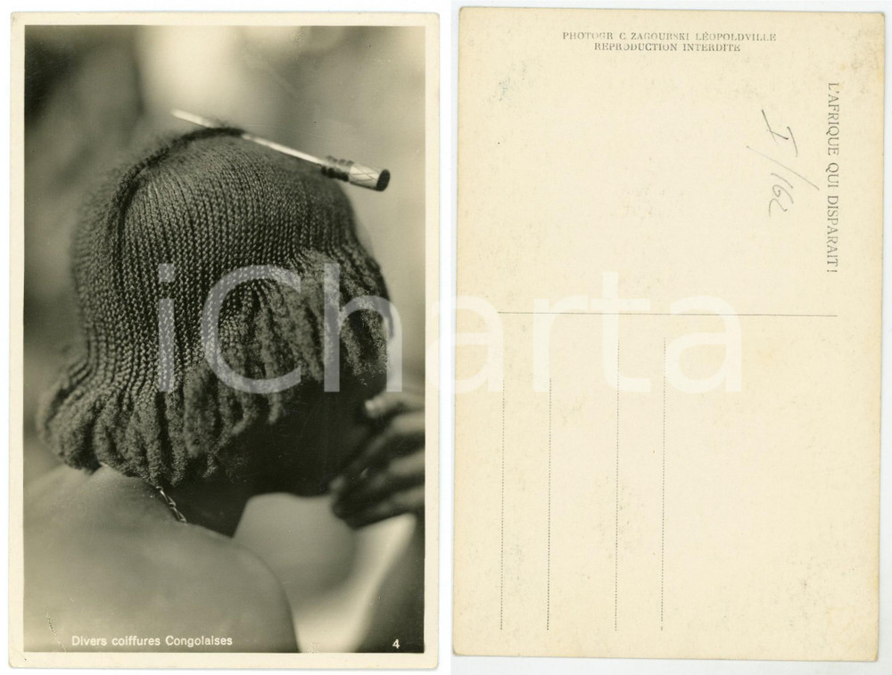1930 ca C. ZAGOURSKI «L'Afrique qui disparaît»  Coiffures africaines - n° 161  Fotocartolina postale d'epoca, appartenente alla serie &laquo;L'Afrique qui dispara&icirc;t&raquo; del fotografo Casimir Zagourski (L&eacute;opoldville).N&deg; 161, non viaggiata.CONDIZIONI: G FORMATO: 9x14 cm    originale e autentica 1