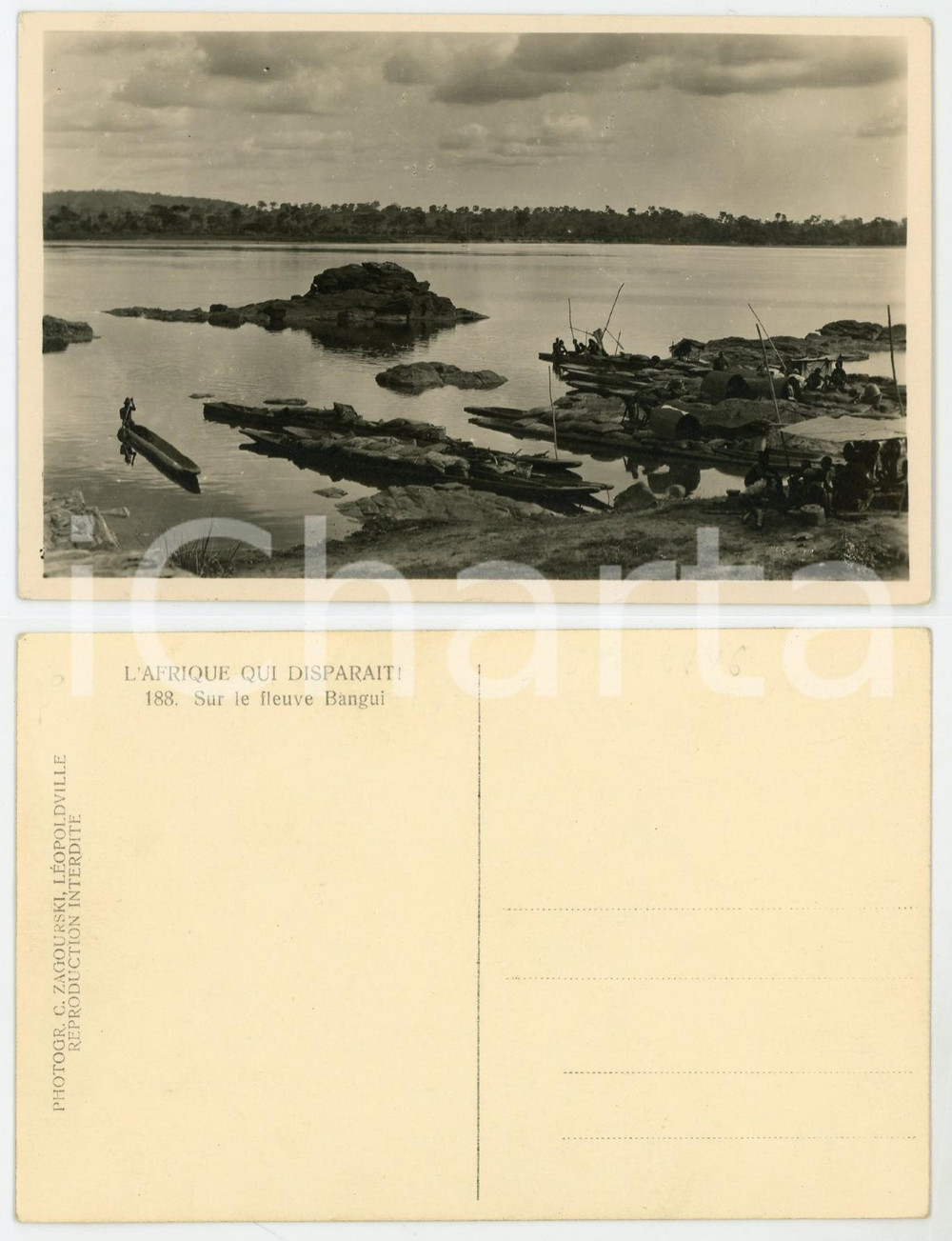 1930 ZAGOURSKI «L'Afrique qui disparaît» Le fleuve BANGUI *Postcard n.186  Fotocartolina postale d'epoca, appartenente alla serie &laquo;L'Afrique qui dispara&icirc;t&raquo; del fotografo Casimir Zagourski (L&eacute;opoldville).N&deg;186, non viaggiata.CONDIZIONI: FAIR FORMATO: 14x9 cm     originale e autentica 1