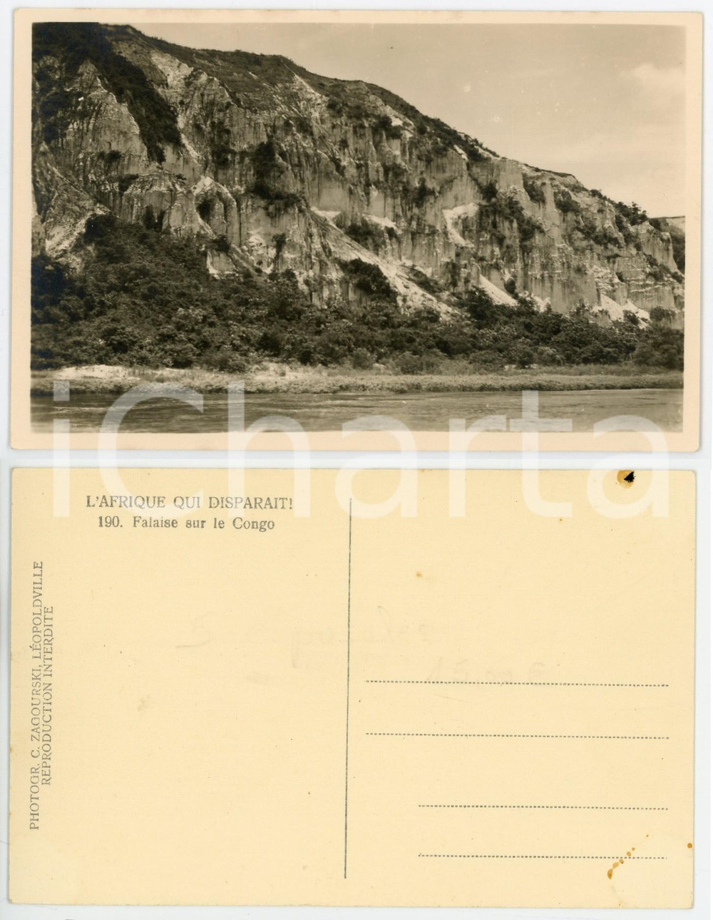 1930 ca C. ZAGOURSKI "L'Afrique qui disparaît" Falaise sur le Congo A.E.F.  Fotocartolina postale d'epoca, appartenente alla serie &laquo;L'Afrique qui dispara&icirc;t&raquo; del fotografo Casimir Zagourski (L&eacute;opoldville).N&deg; 188, Non viaggiata.CONDIZIONI: GFORMATO: 14x9 cm     originale e autentica 1