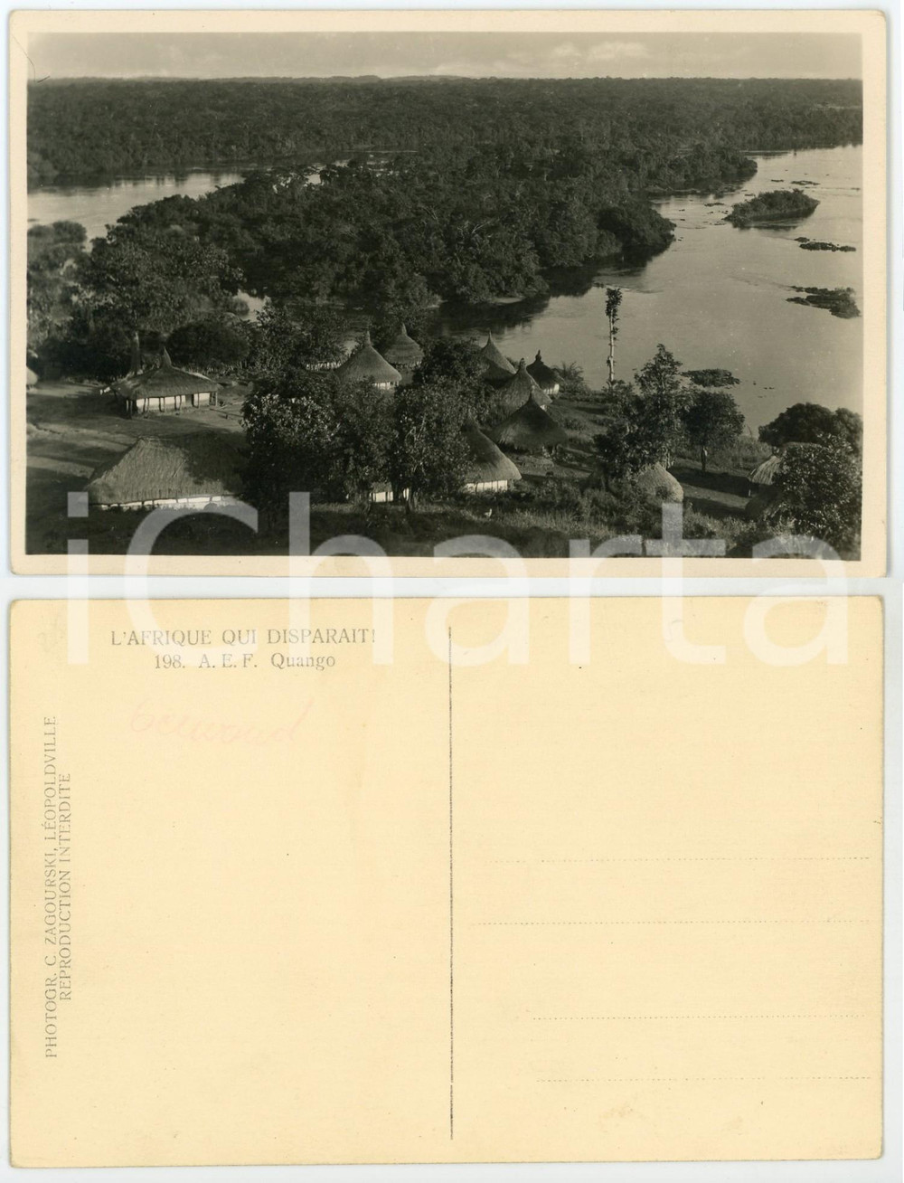 1930 C. ZAGOURSKI Â«L'Afrique qui disparaÃ®tÂ» AEF Quango - Postcard n.198  Fotocartolina postale d'epoca, appartenente alla serie &laquo;L'Afrique qui dispara&icirc;t&raquo; del fotografo Casimir Zagourski (L&eacute;opoldville).N&deg;198, non viaggiata.CONDIZIONI: FAIRFORMATO: 14x9 cm    originale e autentica 1