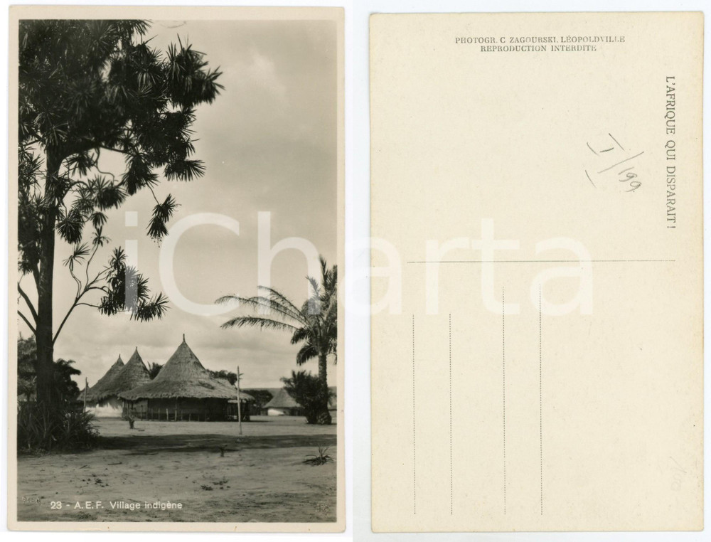 Cartolina originale da collezione 1930 C. ZAGOURSKI Â«L Afrique qui disparaÃ®tÂ» AEF Village indigÃ¨ne  Postcard 199 1